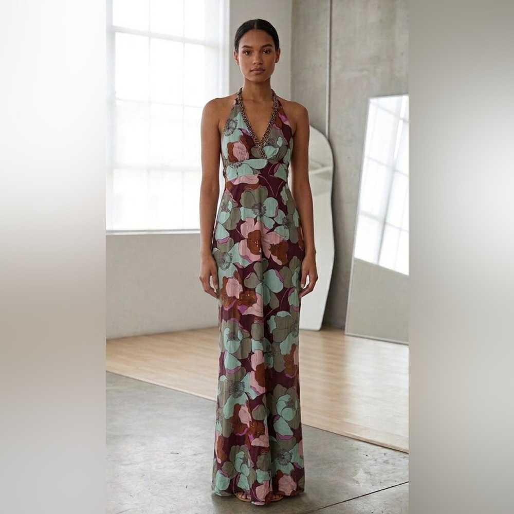 Antik Batik floral print halter neck open back maxi dress, size S